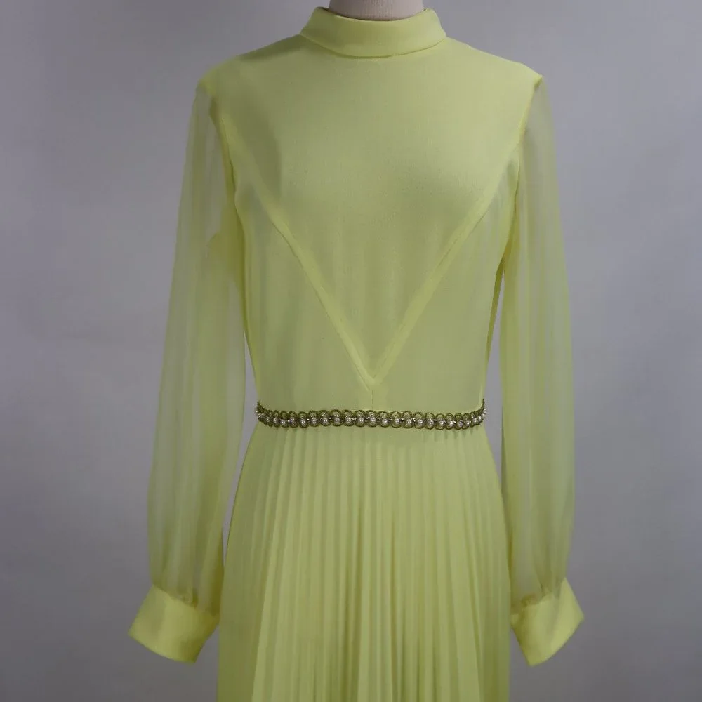 Vtg 1970's Yellow Formal Long Party Dress Gown Cocktail Hippie Prairie Boho S - Picture 5 of 12